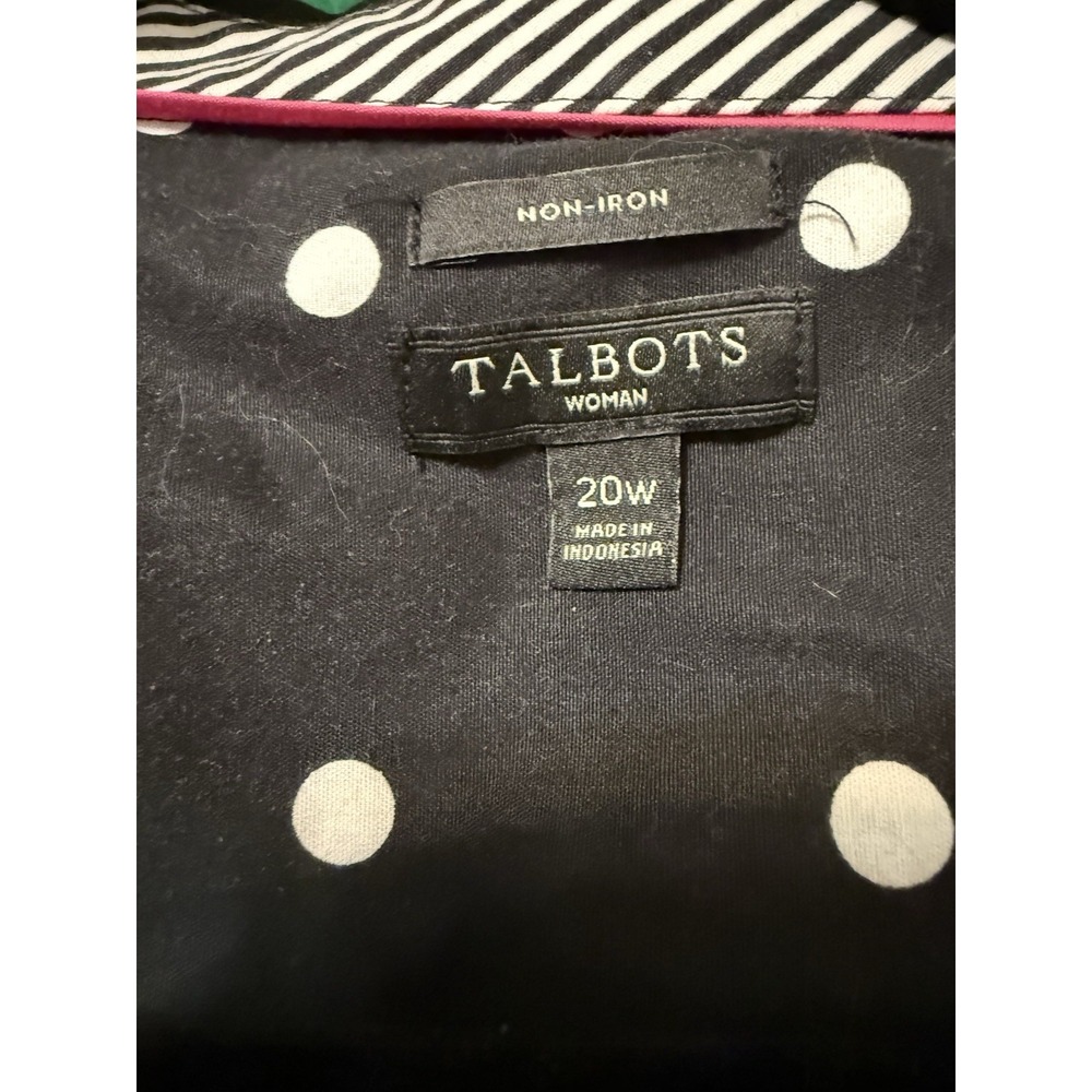 Talbots Womens 20W Black White Polka Dot Button Down Shirt Striped Cuff Non Iron - Picture 3 of 7